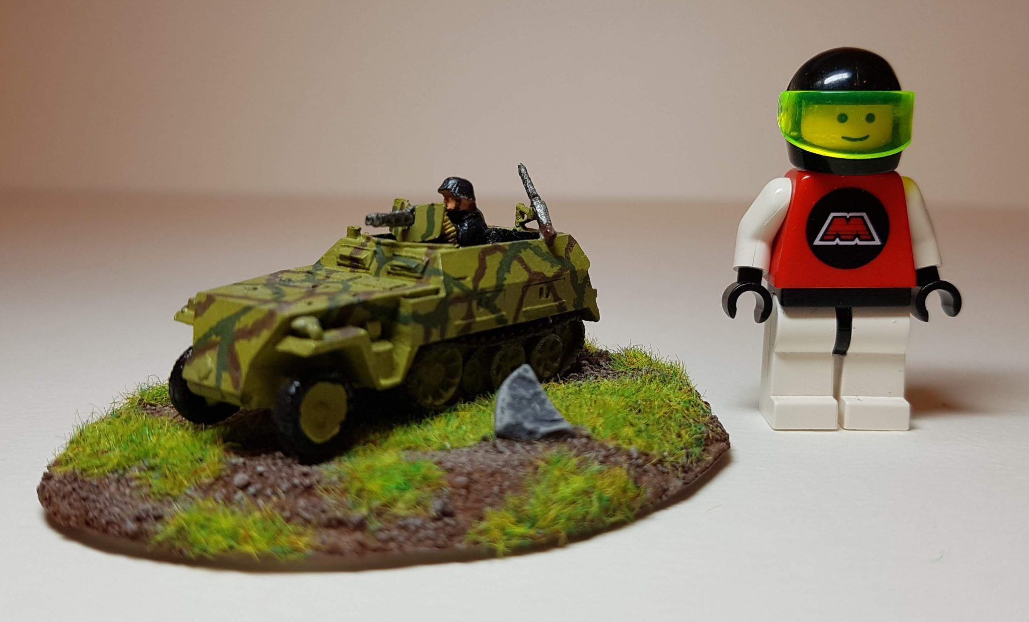 Model of Sd. Kfz 250/1 - Scale View (with LEGO Minifigure) - 1/100 Scale (15mm) - Built By Wright Built - Battlefront Models (Flames of War)