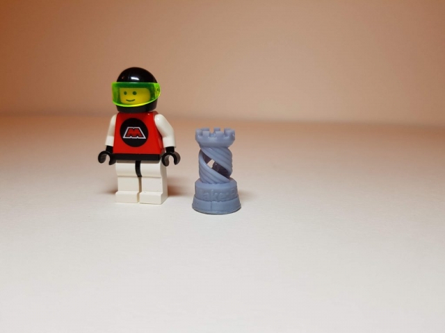 Rook (Chess) - Scale View (with LEGO Minifigure) - 3D Printed By Wright Built on Sparkmaker FHD - Designed by MAKE (Thingiverse)